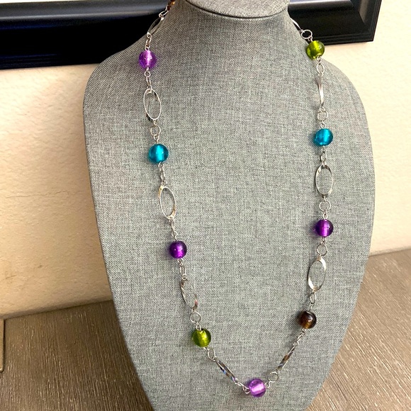Source Unknown Jewelry - Vintage Silver Toned & Colorful Green Purple Brown & Blue Glass Baubles Necklace